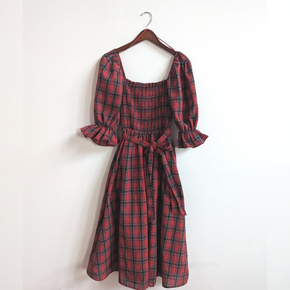 Aura Red Christmas Tartan Plaid Dress Small Womens Puff Sleeve Christmas Midi